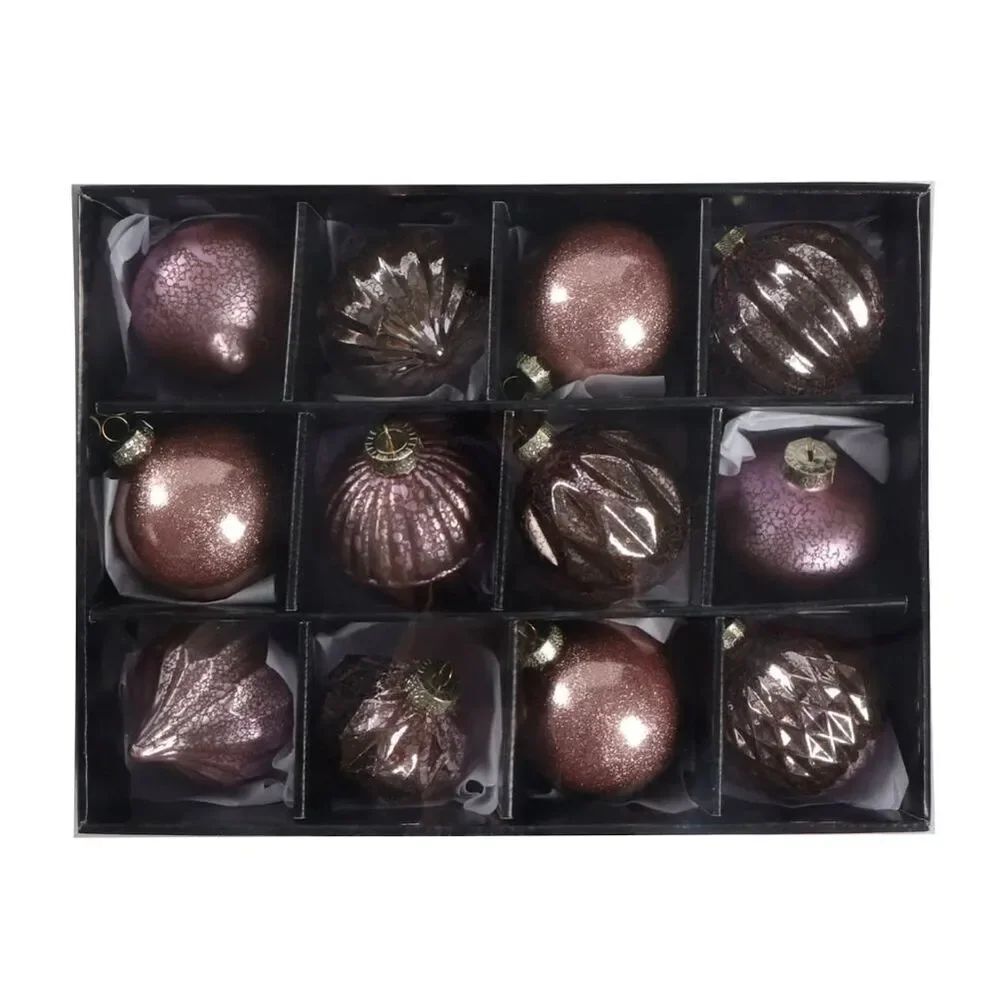 12 count Light Pink Decorated Glass Christmas Ornament set, 3". New